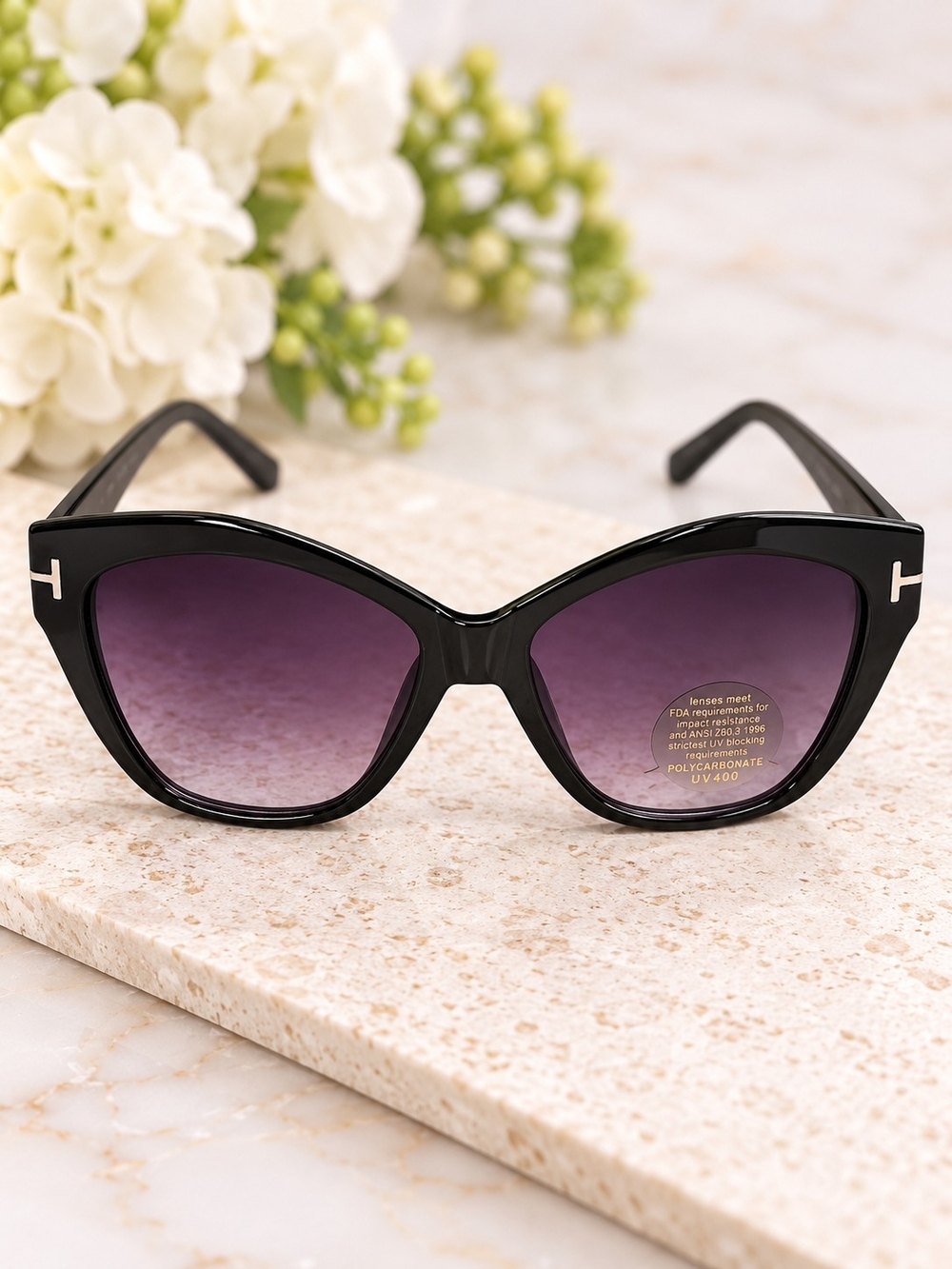 NWOT Black Cat Eye Sunglasses Purple Gradient UV400 Italy Design